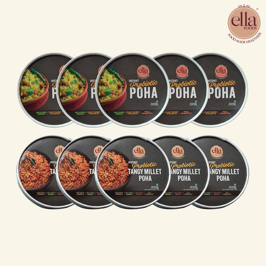 Ready to Eat Instant Poha 65g | Tangy Millet Poha 80g | Combo Pack of 10 | 5 of each | with added Probiotics