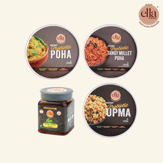 Ella Foods Ready to Eat Breakfast Combo with Mango Thokku Pickle | 1 of each Ready to Eat Tubs | Mango Pickle - 250 grams