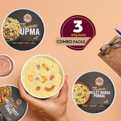 Ella Foods Ready to Eat Combo Pack of 3 | Traditional Millet Khara Pongal + Millet Sweet Pongal + Instant Upma | Pack of 3 | 65g Each | Authentic South Indian Breakfast | Pure Vegetarian | No Preservatives | 6 Months - Shelf Life