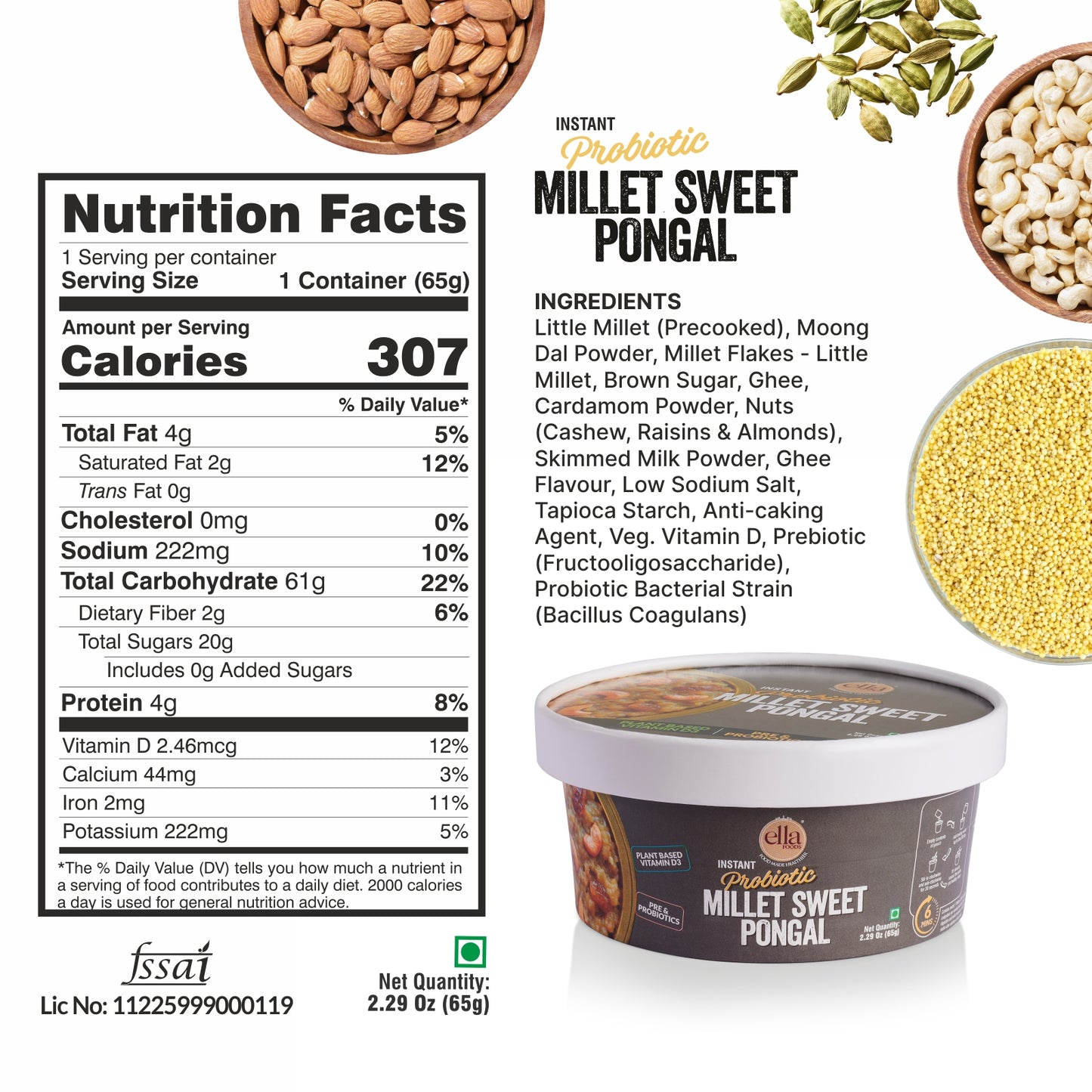 Ella Foods Ready to Eat Probiotic Millet Pongal Combo | Millet Khara Pongal & Sweet Pongal | Pack of 6 (3 Each) | 65g Each | No Preservatives | South Indian Breakfast | Shelf Life: 6 Months