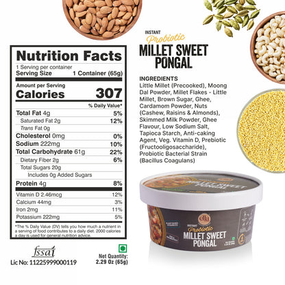 Ella Foods Ready to Eat Probiotic Millet Pongal Combo | Millet Khara Pongal & Sweet Pongal | Pack of 6 (3 Each) | 65g Each | No Preservatives | South Indian Breakfast | Shelf Life: 6 Months