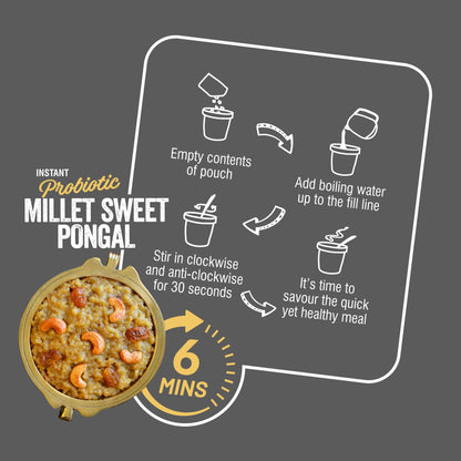 Ella Foods Ready to Eat Probiotic Millet Pongal Combo | Millet Khara Pongal & Sweet Pongal | Pack of 6 (3 Each) | 65g Each | No Preservatives | South Indian Breakfast | Shelf Life: 6 Months