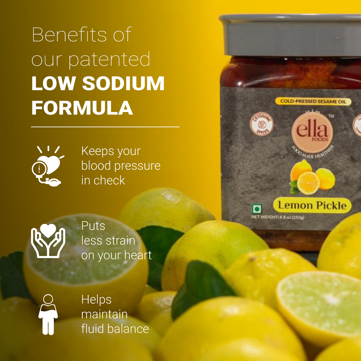Ella Foods - Lemon Pickle 250 gm | Low Sodium | Cold pressed Sesame Oil