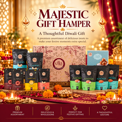 Ella Foods Majestic Gift Hamper | Premium Nuts, Turmeric Latte, Hot Chocolate & Traditional Laddus | Luxury Diwali & Festive Gift Box