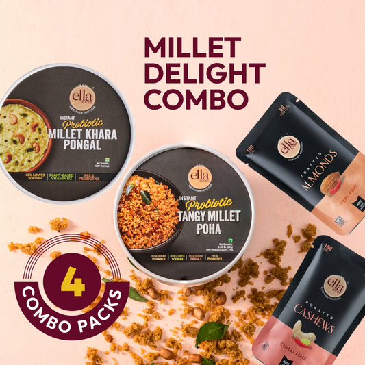 Ella Foods Millet Delight Combo | Millet Khara Pongal, Tangy Millet Poha, Chilli Lime Cashews (27g) & Peri Peri Almonds (27g) | Healthy Ready-to-Eat Meal & Snack Pack