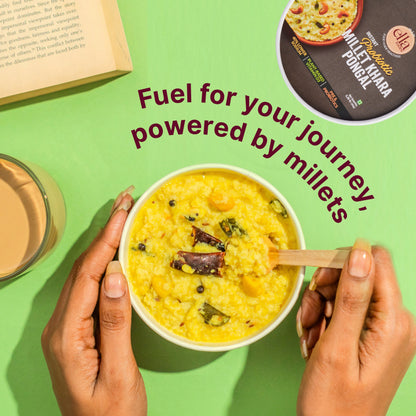 Ella Foods Millet Delight Combo | Millet Khara Pongal, Tangy Millet Poha, Chilli Lime Cashews (27g) & Peri Peri Almonds (27g) | Healthy Ready-to-Eat Meal & Snack Pack