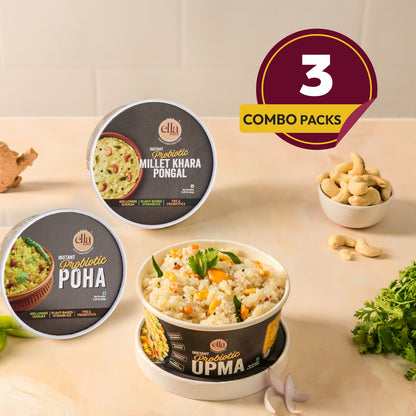 Ella Foods Ready to Eat Millet Combo | Probiotic Upma + Khara Pongal + Poha | Pack of 3 | 65g Each | Added Probiotics | No Preservatives | 6-Month Shelf Life