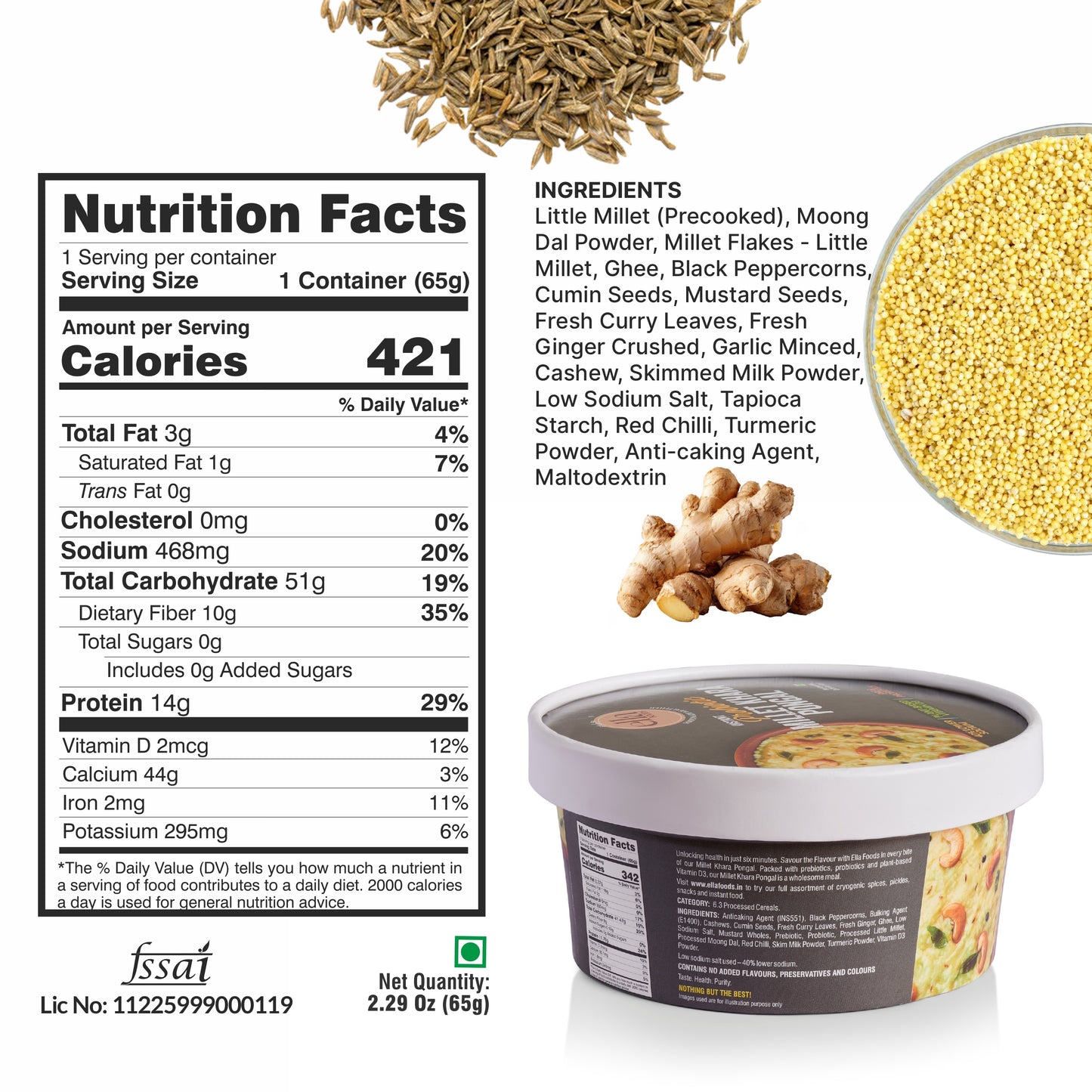Ella Foods Probiotic Millet Khara Pongal | Ready to Eat | 65g Each | Shelf Life: 6 Months | Multi Pack