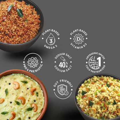 Ella Foods Ready to Eat Millet Combo | Probiotic Upma + Khara Pongal + Poha | Pack of 3 | 65g Each | Added Probiotics | No Preservatives | 6-Month Shelf Life