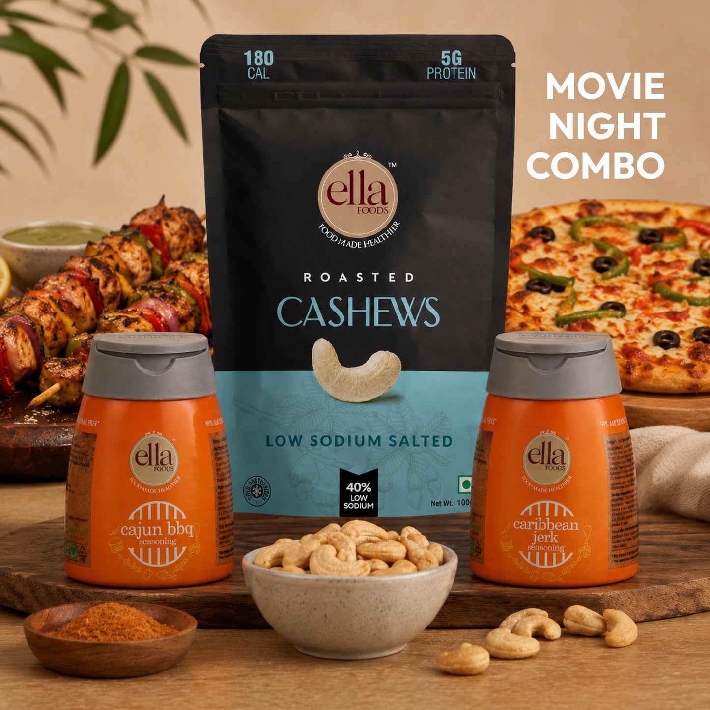 Ella Foods Movie Night Combo | Cajun BBQ & Caribbean Jerk Seasonings + Salted Cashews 100g | Gourmet Snack & Seasoning Combo | No MSG