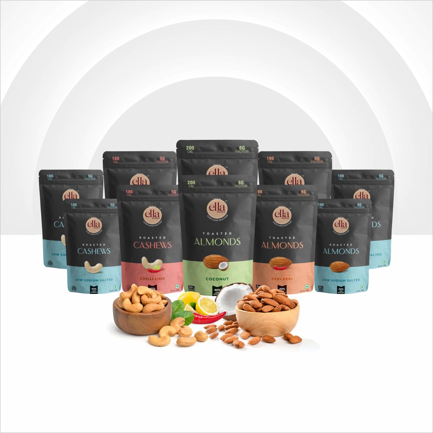 Ella Foods Assorted Nuts Pack of 5 |30 gm each| Salted Cashew| Salted Almonds| Chili Lime Cashew| Coconut Toasted Almond| Peri Peri Almond| Snacks