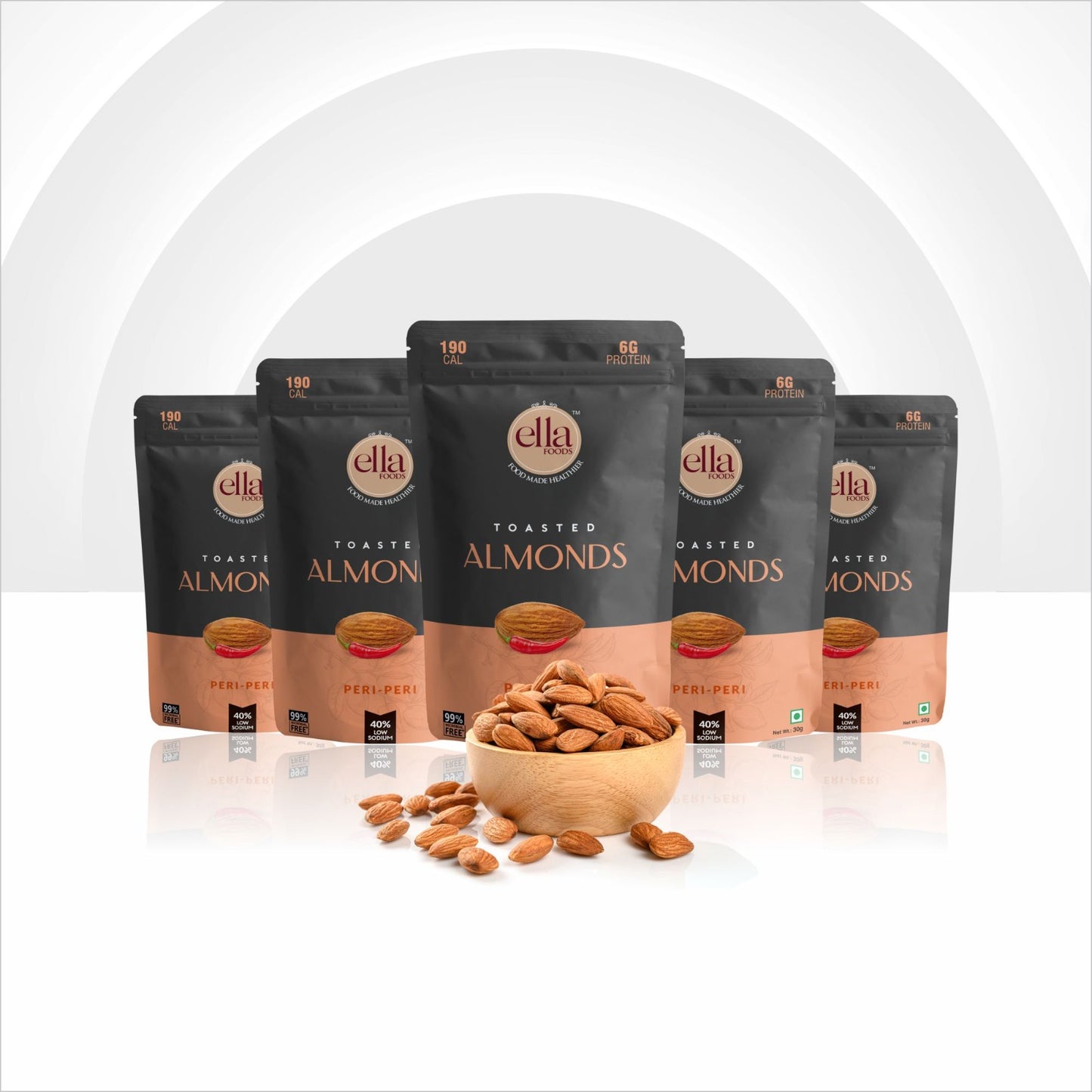 Ella Foods Peri Peri Almond | Mini Pack of 5 |30 gm each| Low Sodium | Heart Healthy