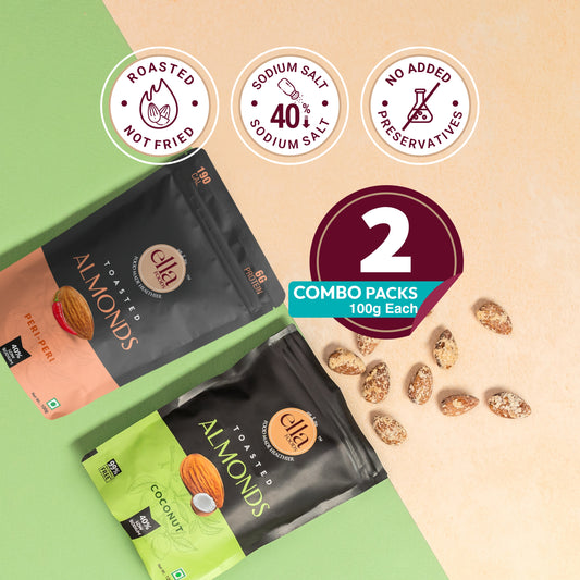 Ella Foods Peri Peri Almonds & Coconut Toasted Almonds Combo | Pack of 2 x 100g | 40% Lower in Sodium | Roasted Almond Snacks | Spicy & Sweet Coconut Flavours | 6-Month Shelf Life