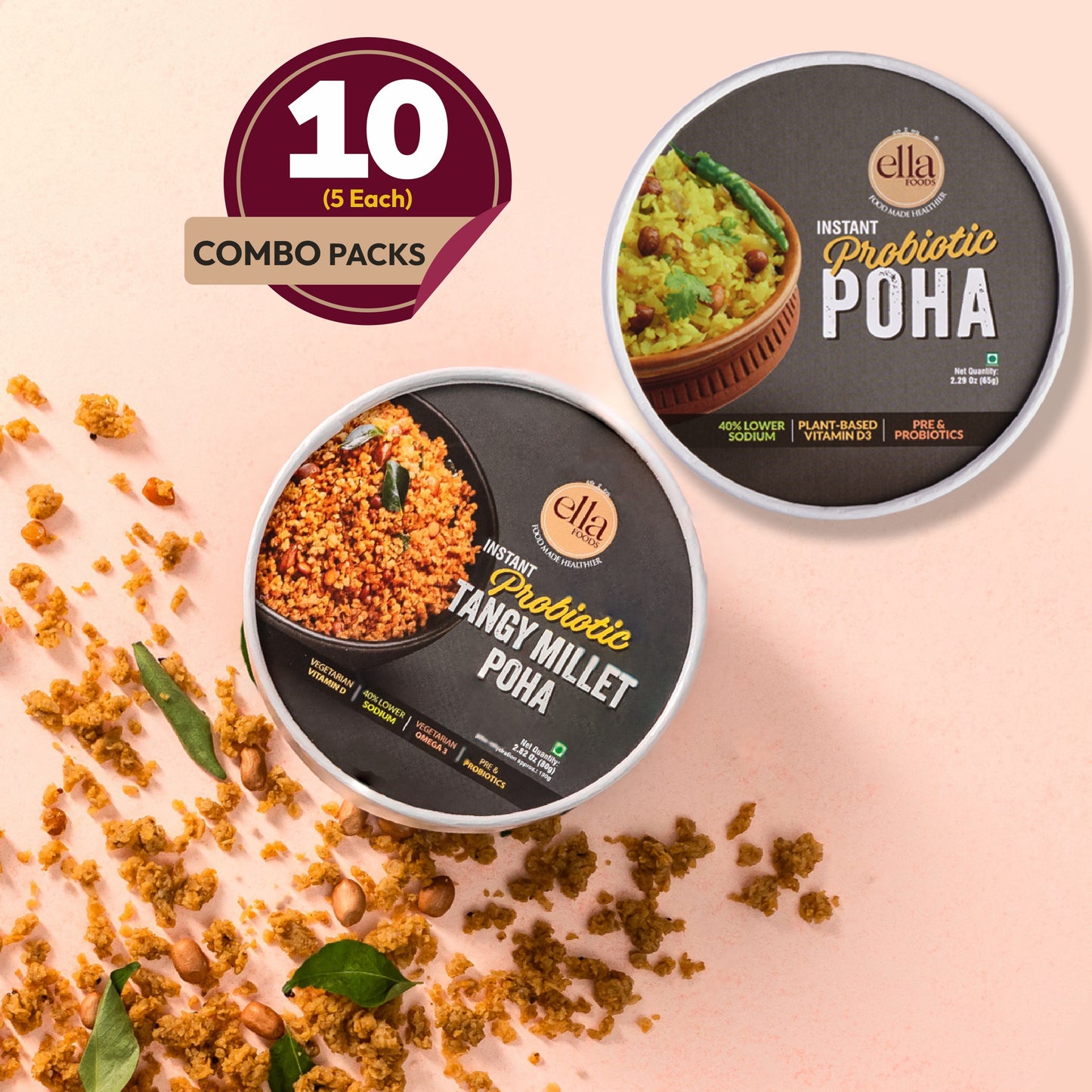 Ella Foods Ready to Eat Poha Combo Pack | Instant Poha 65g & Tangy Millet Poha 80g | Pack of 10 (5 Each) | No Preservatives | South Indian Breakfast & Snack| Shelf Life: 6 Months