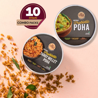 Ella Foods Ready to Eat Poha Combo Pack | Instant Poha 65g & Tangy Millet Poha 80g | Pack of 10 (5 Each) | No Preservatives | South Indian Breakfast & Snack| Shelf Life: 6 Months