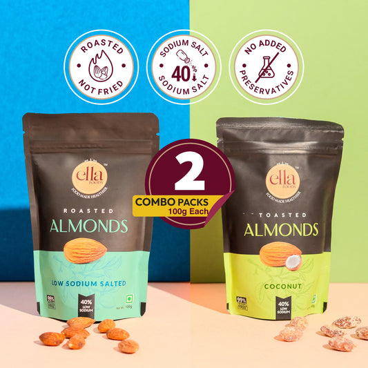Ella Foods Salted Almonds & Coconut Toasted Almonds Combo (2 x 100g) | 40% Low Sodium Salt | Roasted Almond Snacks | Healthy Nut Combo | 6-Month Shelf Life