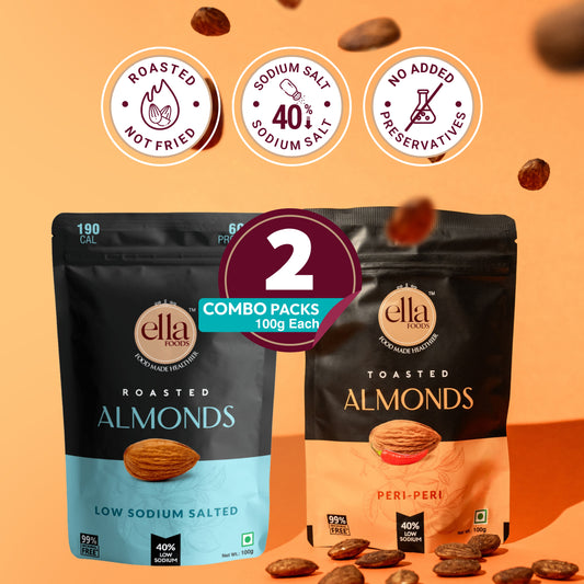 Ella Foods Salted Almonds & Peri Peri Almonds Combo (2 x 100g) | 40% Low Sodium Salt | Roasted Almond Snacks | Spicy & Classic Almond Combo | 6-Month Shelf Life