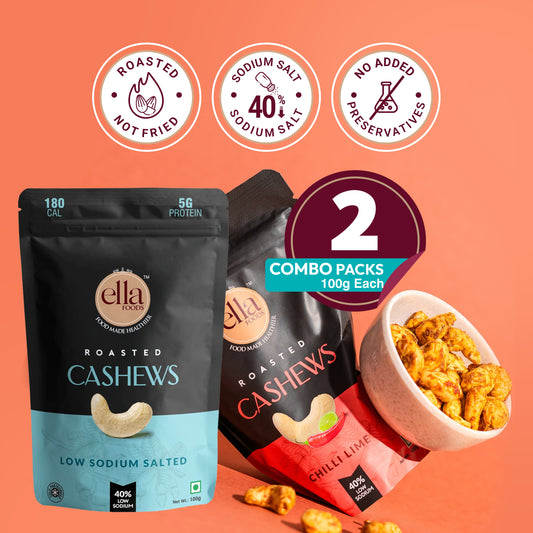 Ella Foods Salted Cashews & Chilli Lime Cashews Combo | Pack of 2 x 100g | 40% Low Sodium Salt | Roasted Cashew Snacks | Tangy & Classic Flavours | 6-Month Shelf Life