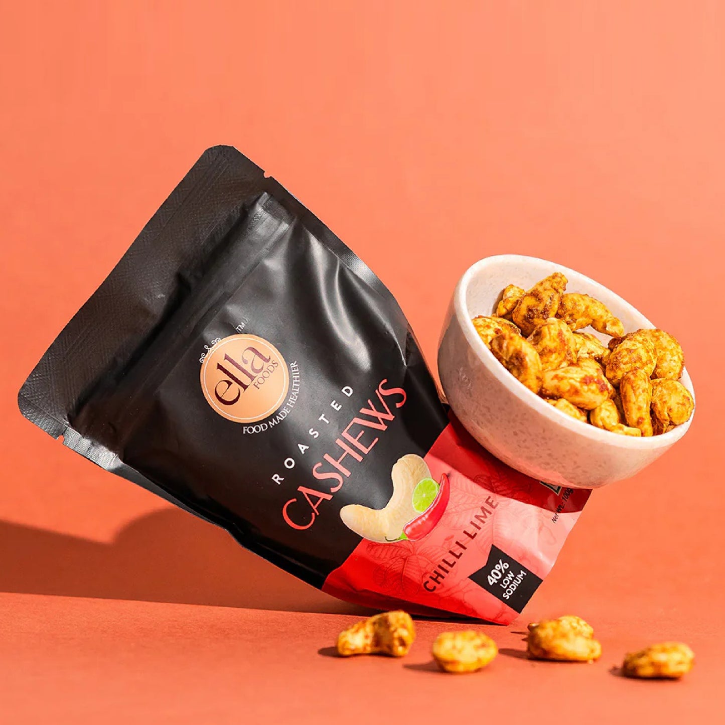 Ella Foods Salted Cashews & Chilli Lime Cashews Combo | Pack of 2 x 100g | 40% Low Sodium Salt | Roasted Cashew Snacks | Tangy & Classic Flavours | 6-Month Shelf Life
