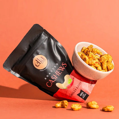 Ella Foods Salted Cashews & Chilli Lime Cashews Combo | Pack of 2 x 100g | 40% Low Sodium Salt | Roasted Cashew Snacks | Tangy & Classic Flavours | 6-Month Shelf Life