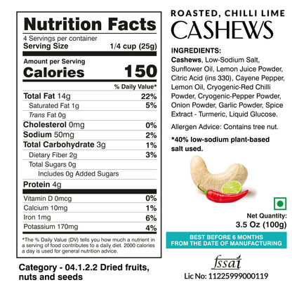 Ella Foods Salted Cashews & Chilli Lime Cashews Combo | Pack of 2 x 100g | 40% Low Sodium Salt | Roasted Cashew Snacks | Tangy & Classic Flavours | 6-Month Shelf Life