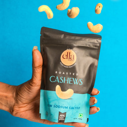Ella Foods Salted Cashews & Chilli Lime Cashews Combo | Pack of 2 x 100g | 40% Low Sodium Salt | Roasted Cashew Snacks | Tangy & Classic Flavours | 6-Month Shelf Life