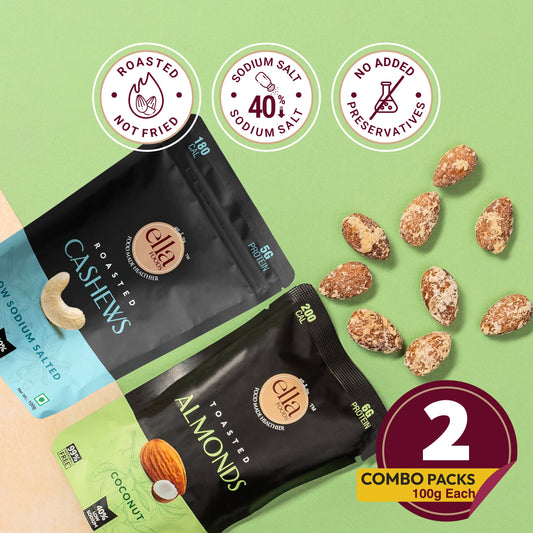 Ella Foods Salted Cashews & Coconut Toasted Almonds Combo (2 x 100g) | 40% Low Sodium | Roasted Nut Snacks | Healthy Crunchy Combo | 6-Month Shelf Life