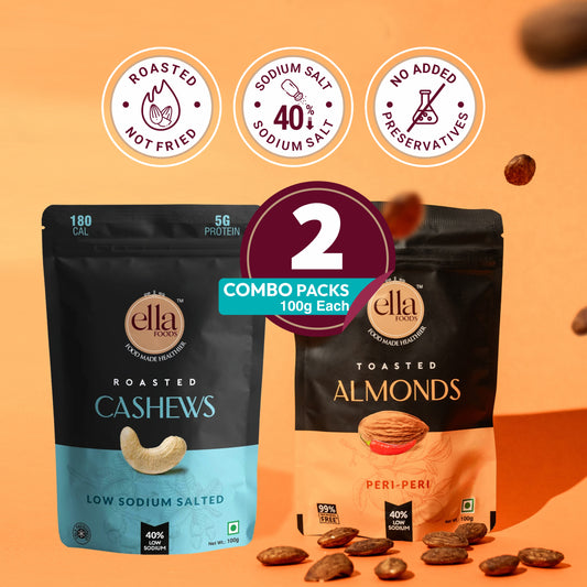 Ella Foods Salted Cashews & Peri Peri Almonds Combo | Pack of 2 x 100g | 40% Low Sodium Salt | Roasted Nut Snacks | Classic & Spicy Flavours | 6-Month Shelf Life