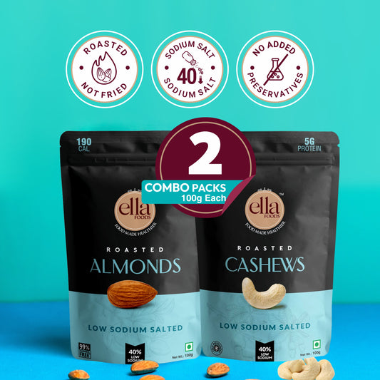 Ella Foods Salted Cashews & Salted Almonds Combo | Pack of 2 x 100g | 40% Low Sodium Salt | Roasted Nut Snacks | Classic Crunchy Combo | 6-Month Shelf Life
