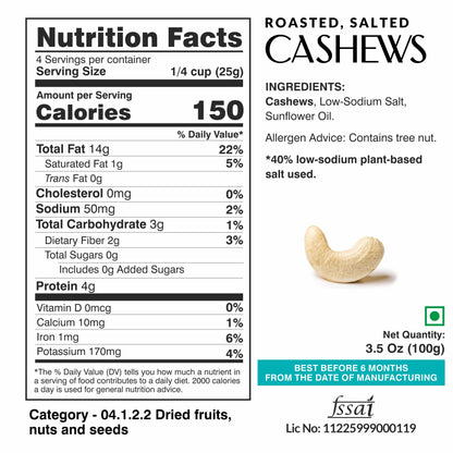 Ella Foods Salted Cashews & Salted Almonds Combo | Pack of 2 x 100g | 40% Low Sodium Salt | Roasted Nut Snacks | Classic Crunchy Combo | 6-Month Shelf Life