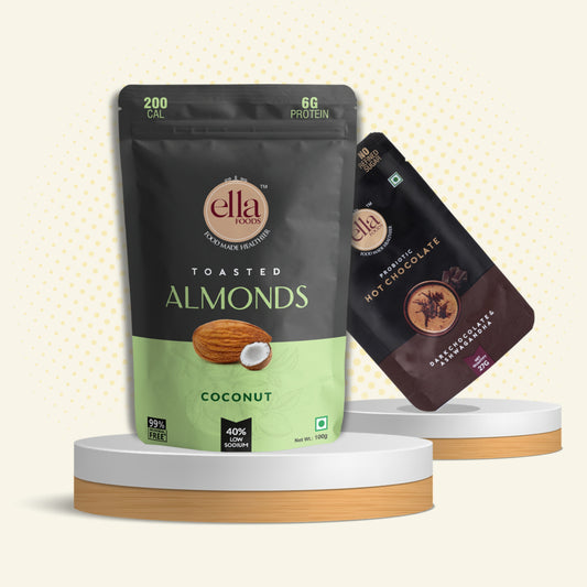 Ella Foods Cozy Indulgence Combo | Coconut Toasted Almonds 100g & Hot Chocolate 27g x 2 | Healthy Snack & Beverage Gift Pack