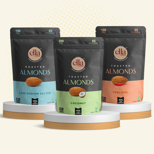 Ella Foods Gourmet Almond Trio | Salted, Peri Peri & Coconut Toasted Almonds 100g Each | Healthy Flavoured Nuts Gift Pack