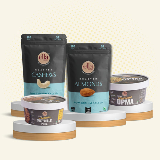 Ella Foods Smart Breakfast & Snack Combo | Tangy Millet Poha, Instant Upma, Salted Almonds 27g & Salted Cashews 27g | Healthy Ready-to-Eat Pack