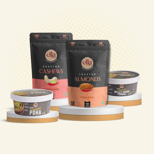 Ella Foods Millet Delight Combo | Millet Khara Pongal, Tangy Millet Poha, Chilli Lime Cashews 27g & Peri Peri Almonds 27g | Healthy Ready-to-Eat Meal Pack