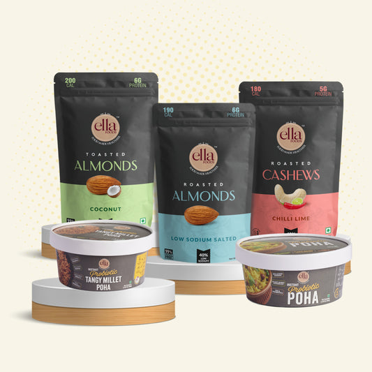 Ella Foods Complete Breakfast & Snack Combo | Tangy Millet Upma, Instant Poha, Salted Almonds 27g, Chilli Lime Cashews 27g & Coconut Toasted Almonds 27g | Healthy Ready-to-Eat Pack