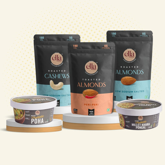 Ella Foods Hearty Breakfast & Snack Combo | Instant Poha, Millet Khara Pongal, Salted Cashews 27g, Salted Almonds 27g & Peri Peri Almonds 27g | Ready-to-Eat Healthy Pack