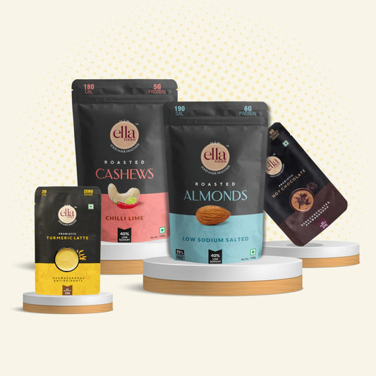 Ella Foods Wellness Indulgence Combo | Chilli Lime Cashews 100g, Salted Almonds 100g, Hot Chocolate 27g & Instant Turmeric Latte 15g | Healthy Snacks & Beverages Gift Pack