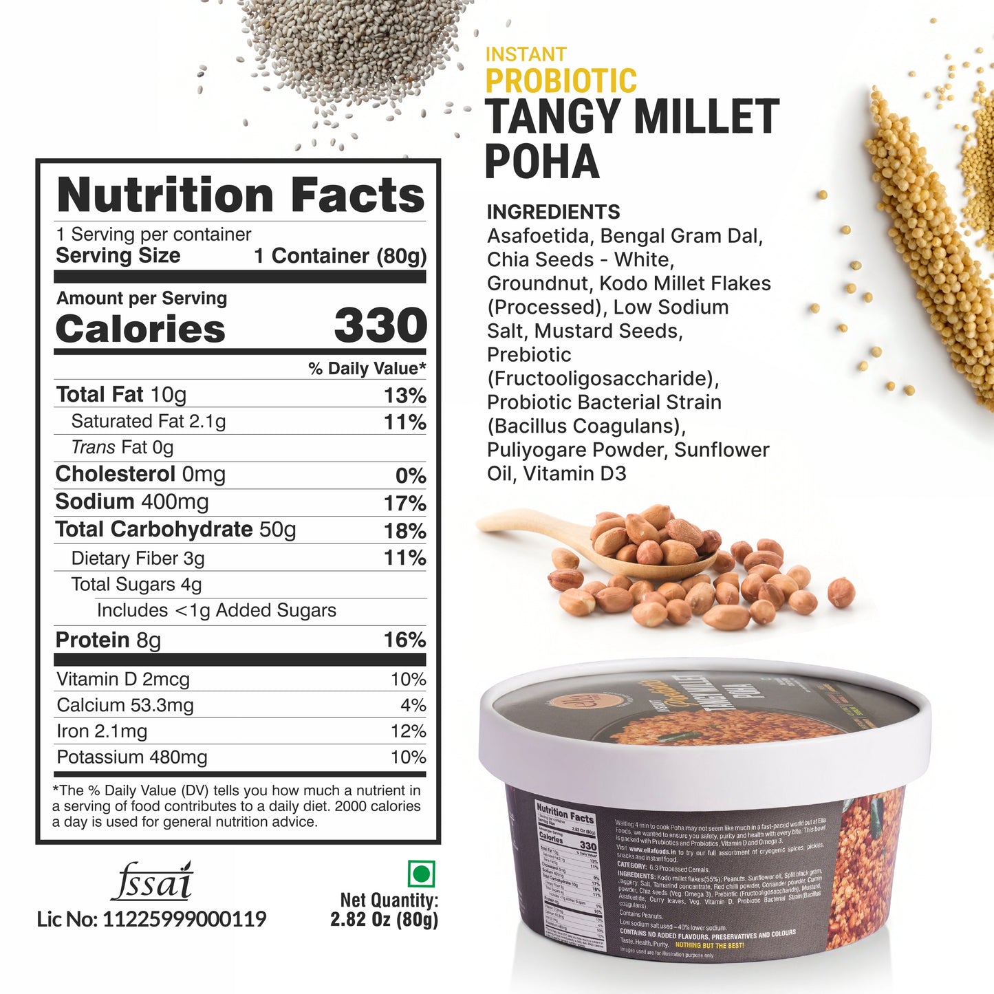 Ella Foods Smart Breakfast & Snack Combo | Tangy Millet Poha, Instant Probiotic Upma, Salted Almonds (27g) & Salted Cashews (27g) | Healthy Ready-to-Eat Breakfast & Snack Pack