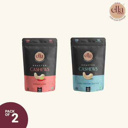 Ella Foods Salted Cashews & Chilli Lime Cashews Combo | Pack of 2 x 100g | Low Sodium | 6-Month Shelf Life | Roasted Nut Snacks