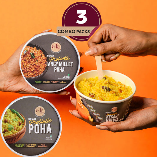 Ella Foods Ready to Eat Snack Combo | Tangy Millet Poha 80g + Instant Poha 65g + Kesari Halwa 65g | Pack of 3 | No Preservatives | South Indian Breakfast | Snack Shelf Life: 6 Months
