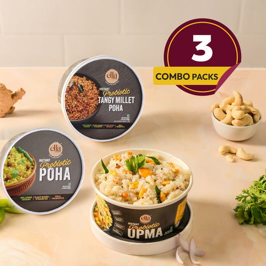 Ella Foods Ready to Eat Combo | Tangy Millet Poha 80g, Instant Poha 65g & Instant Upma 65g | Pack of 3 | With Added Probiotics | Shelf Life: 6 Months