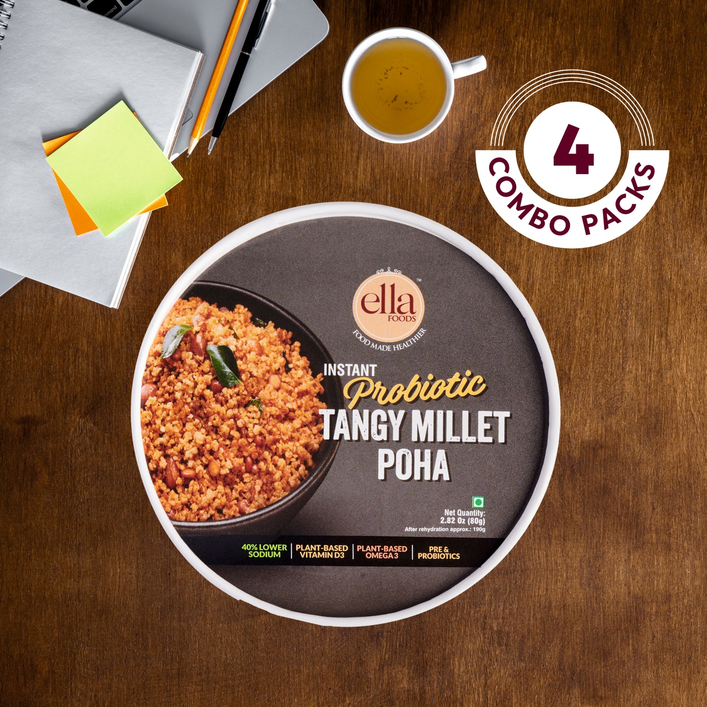 Ella Foods Probiotic Tangy Millet Poha | With Probiotics, Millets & Healthy Fats | Instant Indian Food | Gut-Friendly | 80g | Shelf Life: 6 Months |Multi Pack