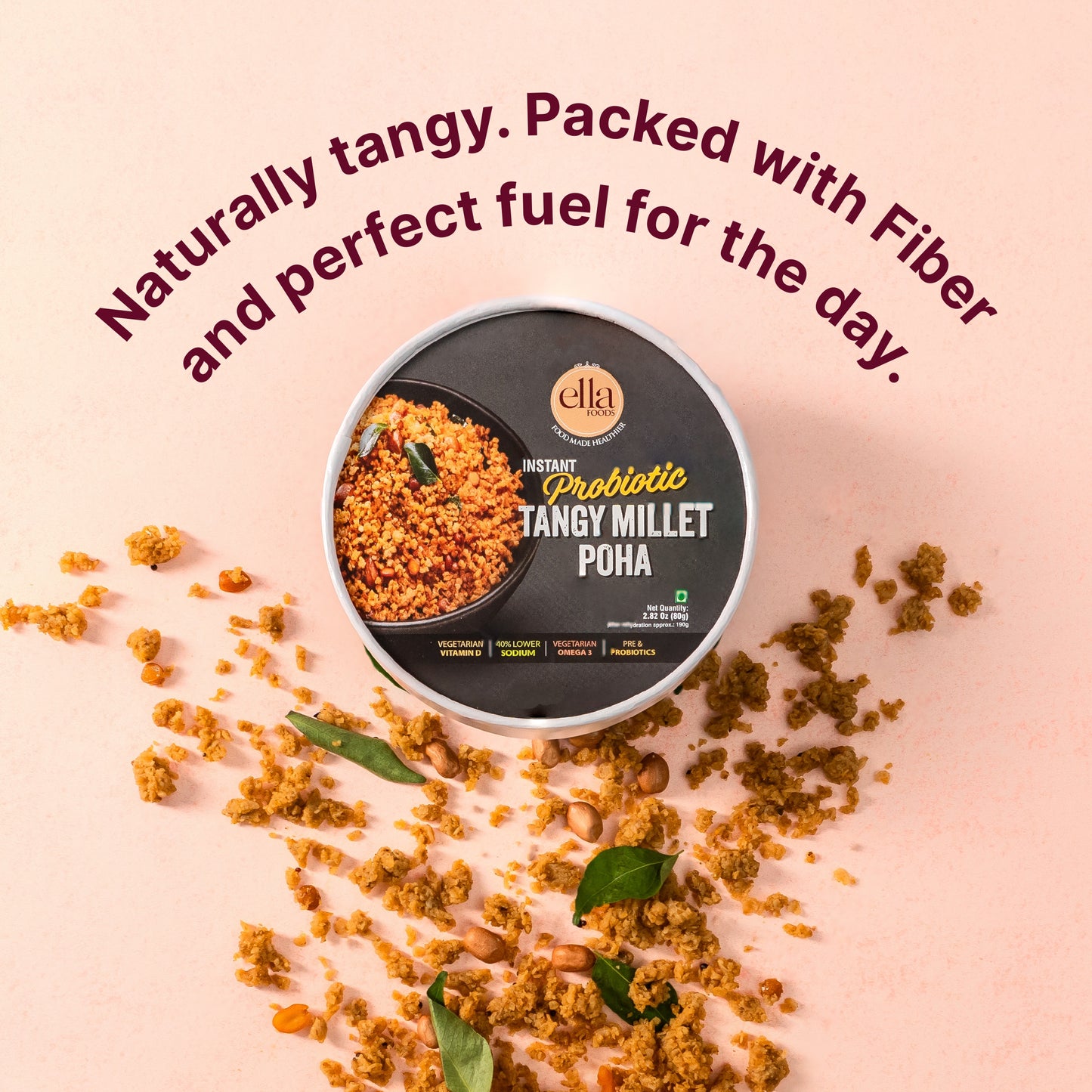 Ella Foods Probiotic Tangy Millet Poha | With Probiotics, Millets & Healthy Fats | Instant Indian Food | Gut-Friendly | 80g | Shelf Life: 6 Months |Multi Pack