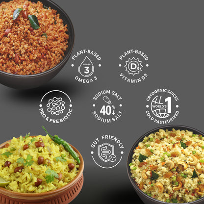 Ella Foods Grand Breakfast Combo with Mango Thokku Pickle | 10-Pack Ready-to-Eat Meal Kit | 3x Tangy Millet Poha 80g, 3x Probiotic Upma 65g, 3x Probiotic Poha 65g + 250g Mango Pickle | Gut-Friendly & No Preservatives