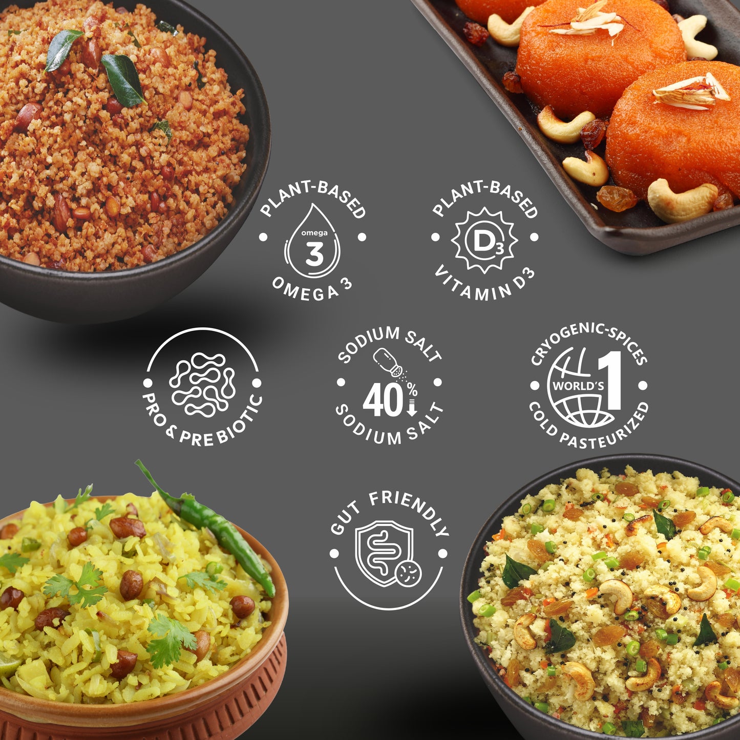 Ella Foods Ready to Eat Breakfast & Snack Combo | Tangy Millet Poha 80g + Instant Poha + Kesari Halwa + Instant Upma | 65g Each |No Preservatives | South Indian Meals | Pack of 4 | With Added Probiotics | Shelf Life: 6 Months