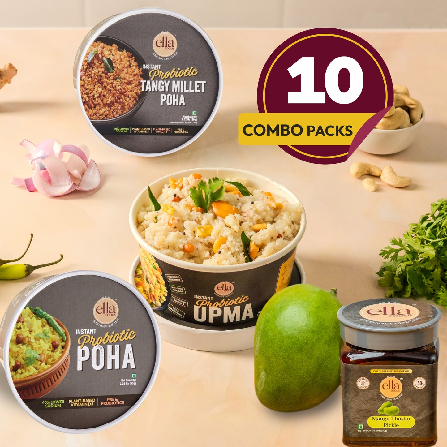 Ella Foods Grand Breakfast Combo with Mango Thokku Pickle | 10-Pack Ready-to-Eat Meal Kit | 3x Tangy Millet Poha 80g, 3x Probiotic Upma 65g, 3x Probiotic Poha 65g + 250g Mango Pickle | Gut-Friendly & No Preservatives
