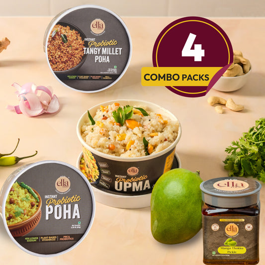Ella Foods Complete Breakfast Combo with Mango Thokku Pickle | Tangy Millet Poha 80g, Instant Upma 65g & Poha 65g + 250g Mango Pickle | Ready-to-Eat Meal Tubs | No Preservatives | Meals: 6 Months Shelf Life | Pickle: 12 Months