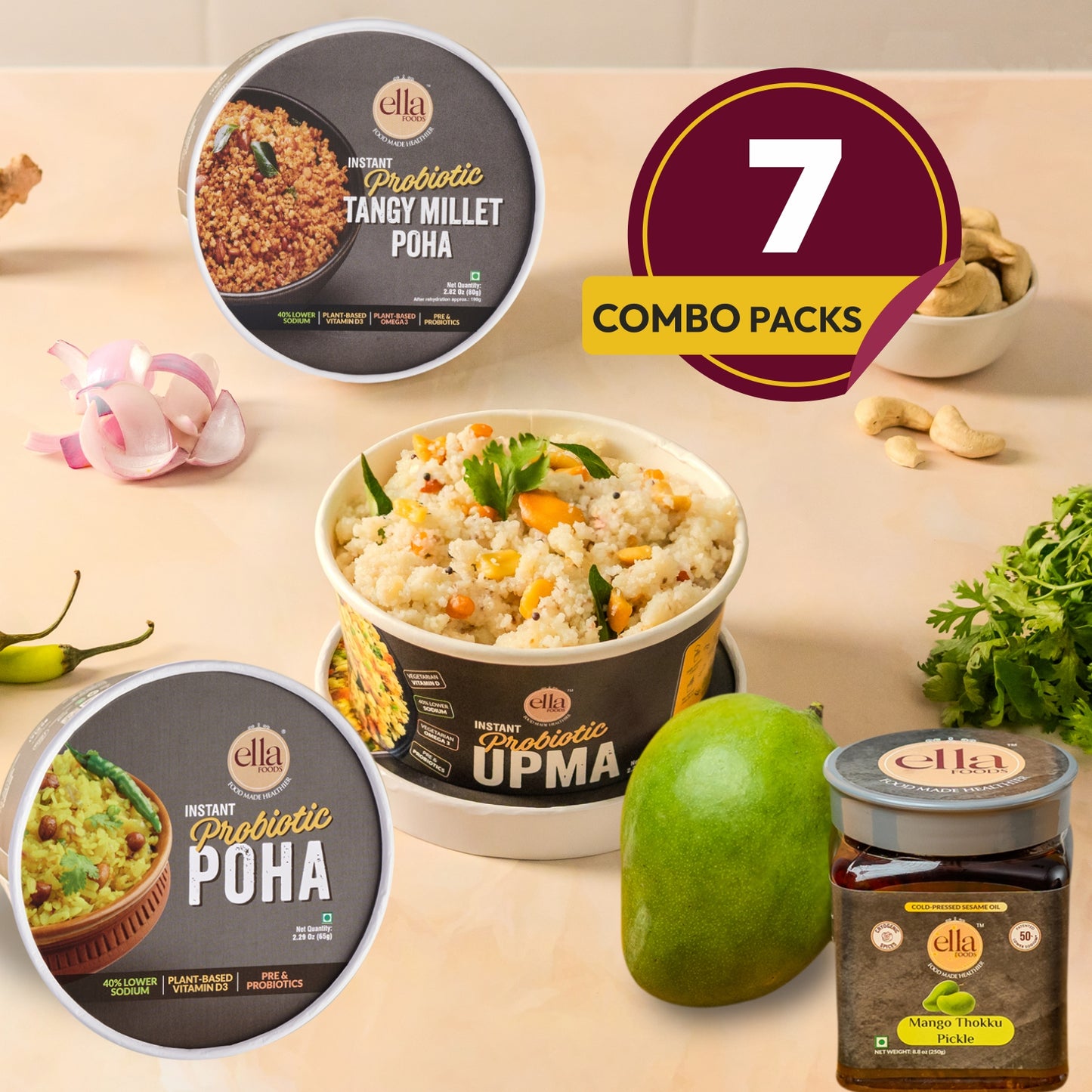 Ella Foods Ultimate Breakfast Combo | 6 Ready-to-Eat Probiotic Meals & Mango Thokku Pickle 250g | Includes Tangy Millet Poha 80g, Upma 65g, Poha 65g | 7-Pack Nutritious Meal Kit | Meals: 6 Months Shelf Life | Pickle: 12 Months