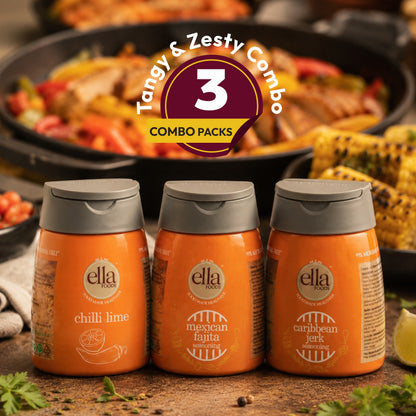 Ella Foods Tangy & Zesty Seasoning Combo Pack | Chilli Lime, Mexican Fajita & Caribbean Jerk Seasonings | 3 Flavours x 100g Each | All-Purpose International Seasoning Collection | No MSG