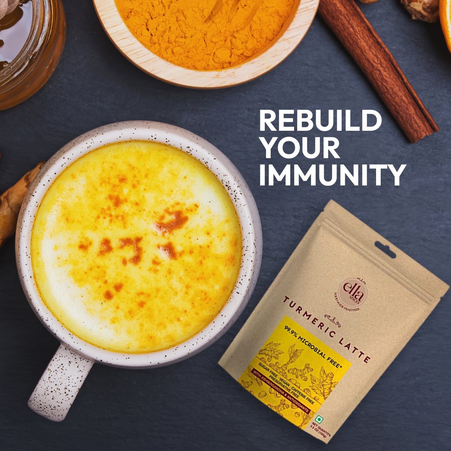 Ella Foods Turmeric Latte Premix | High-Curcumin Golden Milk with Ashwagandha, Probiotics & Healing Spices | No Added Sugar | 100 g